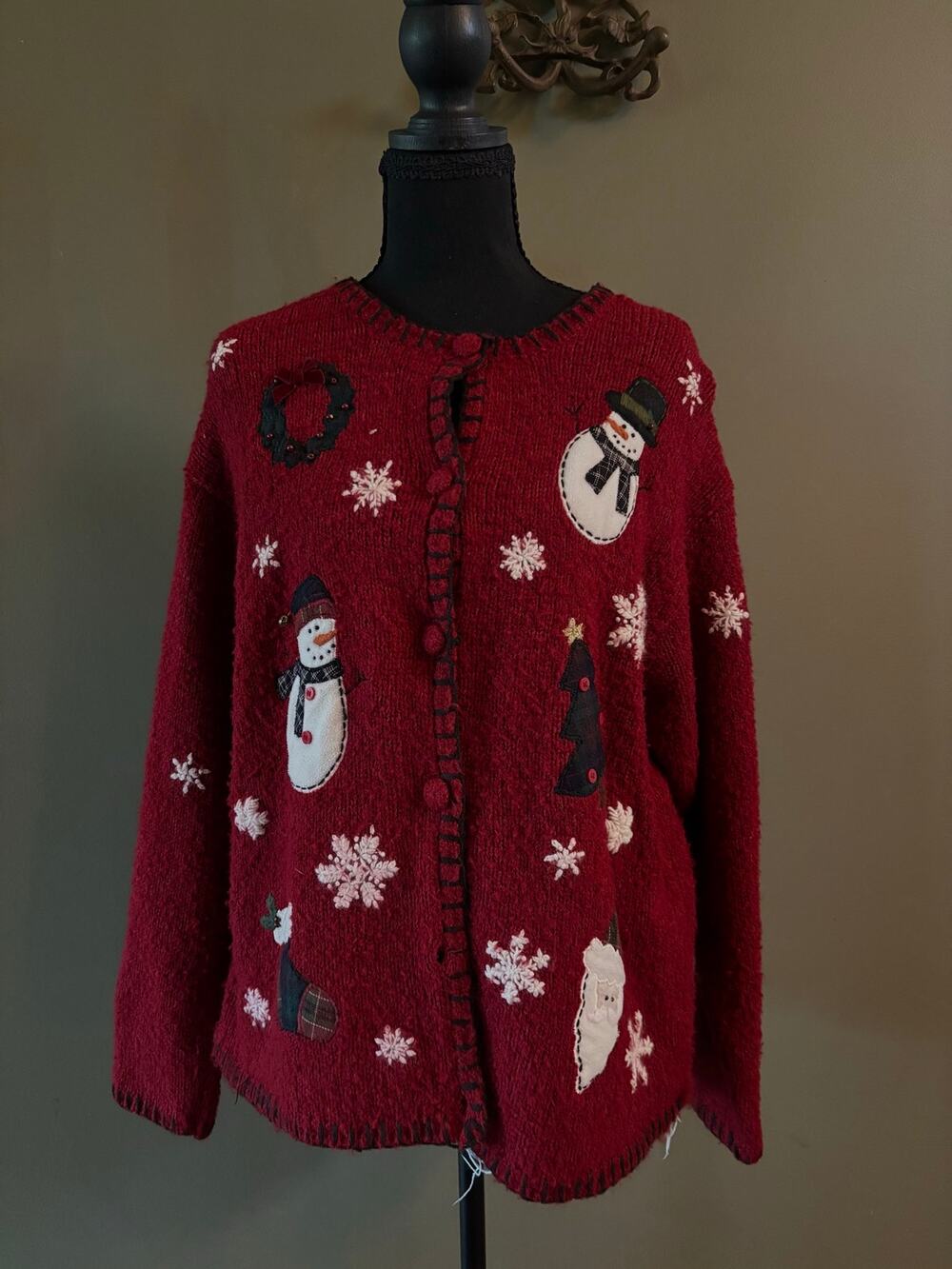 Vintage 90s Croft & Barrow Christmas Snowman Santa Silk Blend Cardigan